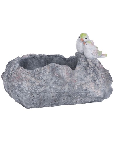Dekorácia MagicHome, Kameň s vtáčikom a kvetináčom, keramika, 35,5x26,5x20,5 cm