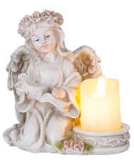 Dekorácia MagicHome, Anjel s knihou a sviečkou, 1xLED, polyresin, na hrob, 17,5x12x17,5 cm