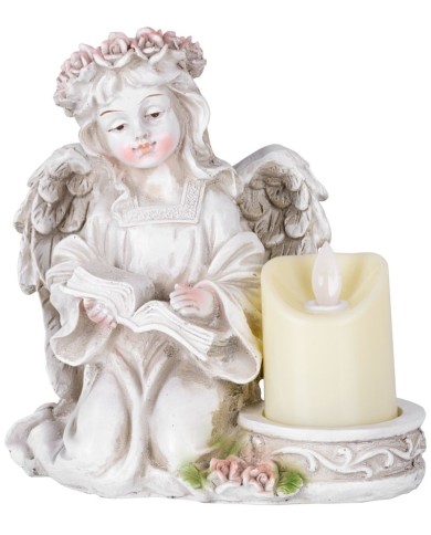 Dekorácia MagicHome, Anjel s knihou a sviečkou, 1xLED, polyresin, na hrob, 17,5x12x17,5 cm
