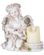 Dekorácia MagicHome, Anjel s knihou a sviečkou, 1xLED, polyresin, na hrob, 17,5x12x17,5 cm