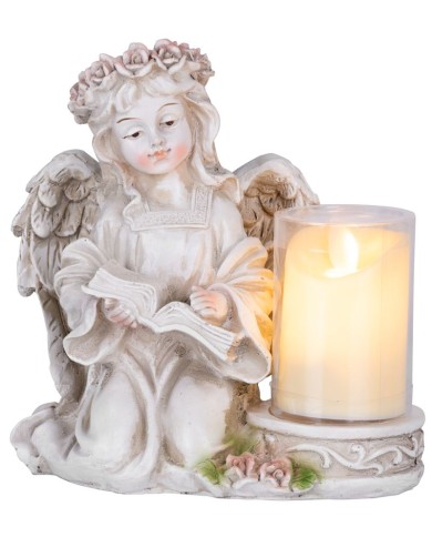 Dekorácia MagicHome, Anjel s knihou a sviečkou, 1xLED, polyresin, na hrob, 17,5x12x17,5 cm