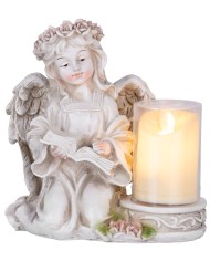 Dekorácia MagicHome, Anjel s knihou a sviečkou, 1xLED, polyresin, na hrob, 17,5x12x17,5 cm
