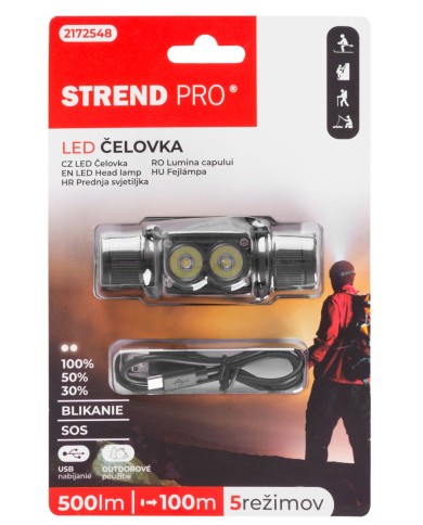 Čelovka Strend Pro Headlight H4016, 2xXPG LED 500 lm, 2000 mAh, USB nabíjanie, vodeodolná, odnímateľné svietidlo