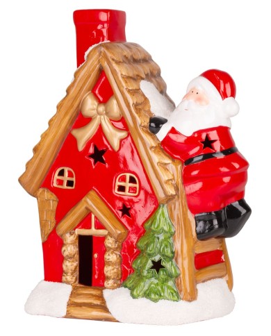 Dekorácia MagicHome Vianoce, Domček so santom na streche, LED, terakota, 2xAAA, 27x13x34 cm