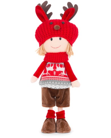 Dekorácia MagicHome Vianoce, Chlapec s červeno-sivou čiapkou, 42 cm