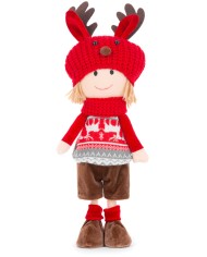 Dekorácia MagicHome Vianoce, Chlapec s červeno-sivou čiapkou, 42 cm