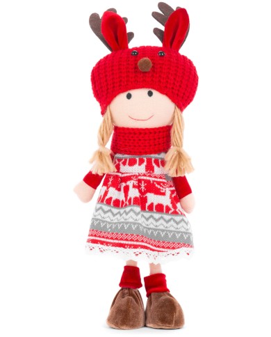 Dekorácia MagicHome Vianoce, Dievča s červeno-sivou čiapkou, 42 cm