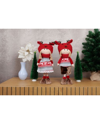 Dekorácia MagicHome Vianoce, Dievča s červeno-sivou čiapkou, 42 cm