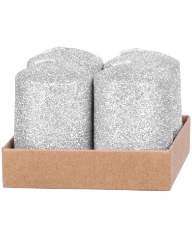 Sviečka MagicHome Vianoce, 4x6 cm, valcová, bal. 4 ks, strieborná, s glitrami, adventná