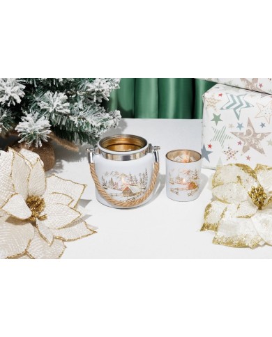 Svietnik MagicHome Vianoce, biely, s krajinkou, s lankom, 10x10 cm