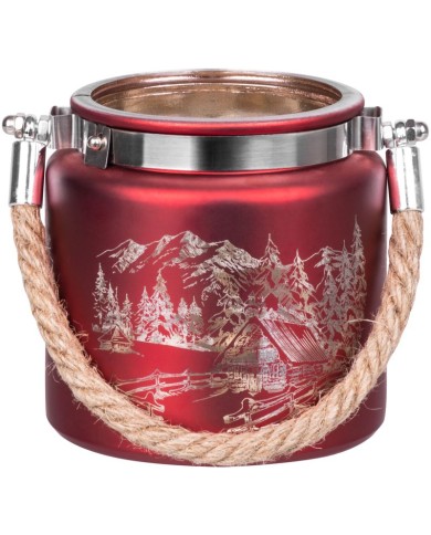 Svietnik MagicHome Vianoce, červený, s krajinkou, s lankom, 10x10 cm