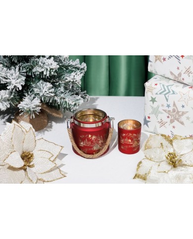 Svietnik MagicHome Vianoce, červený, s krajinkou, s lankom, 10x10 cm