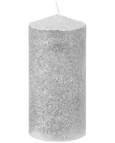 Sviečka MagicHome Vianoce, 5,5x12 cm, valcová, strieborná, s glitrami