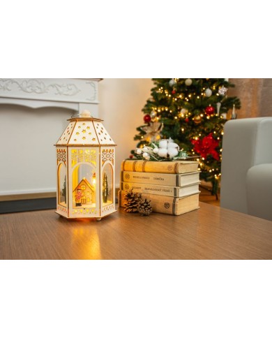 Lampáš MagicHome Vianoce, Drevená dedinka, 9x LED, teplá biela, 16,5x14x30 cm