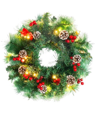 Veniec MagicHome Vianoce, prírodný, so šiškami, 20x LED, teplá biela, 3xAA, 8 funkcií, 30 cm