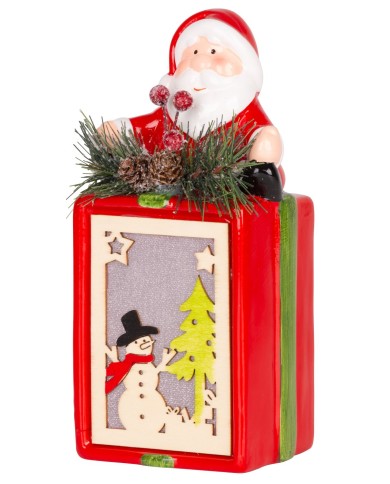 Dekorácia MagicHome Vianoce, Darček so santom, LED, terakota, závesný, 9x8x17,7 cm
